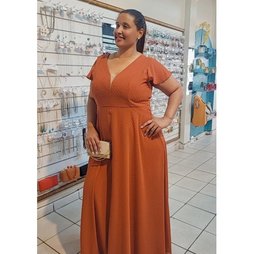 VESTIDO DE FESTA LONGO PLUS SIZE DECOTE V COM MANGA
