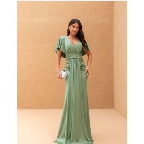 VESTIDO DE FESTA LONGO COM FAIXA ACINTURADA