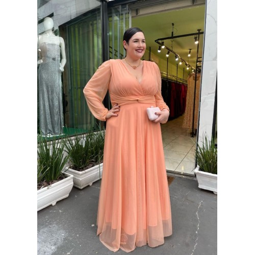 VESTIDO DE FESTA LONGO PLUS SIZE COM MANGA LONGA