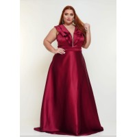 VESTIDO DE FESTA LONGO PLUS SIZE DECOTE EM V COM BABADOS