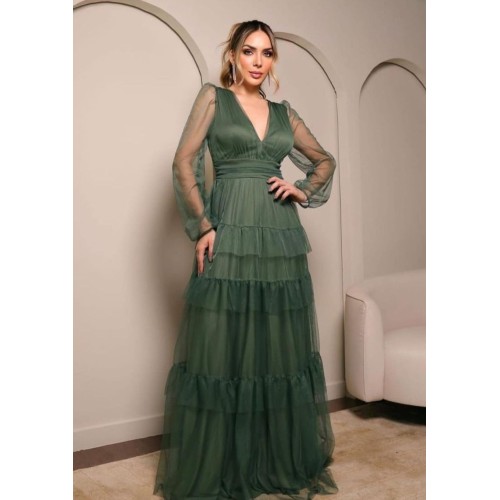 VESTIDO DE FESTA LONGO PLUS SIZE BABADOS EM CAMADA