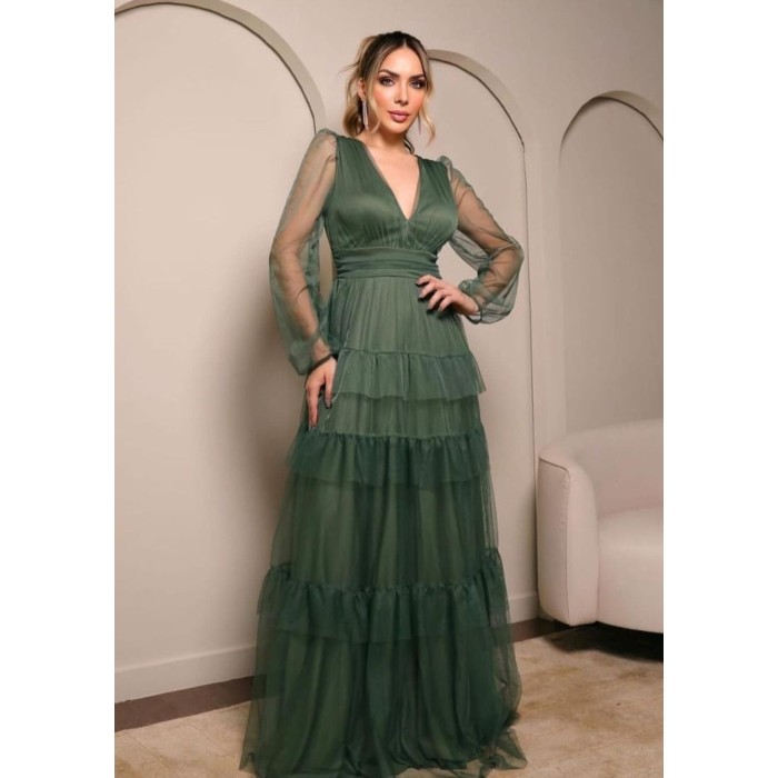 VESTIDO DE FESTA LONGO PLUS SIZE BABADOS EM CAMADA